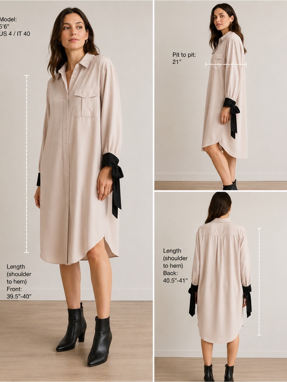 ASPESI Made in Italy Oversized Shirt Dress Beige Blush Navy Tie Cuffs IT 42
